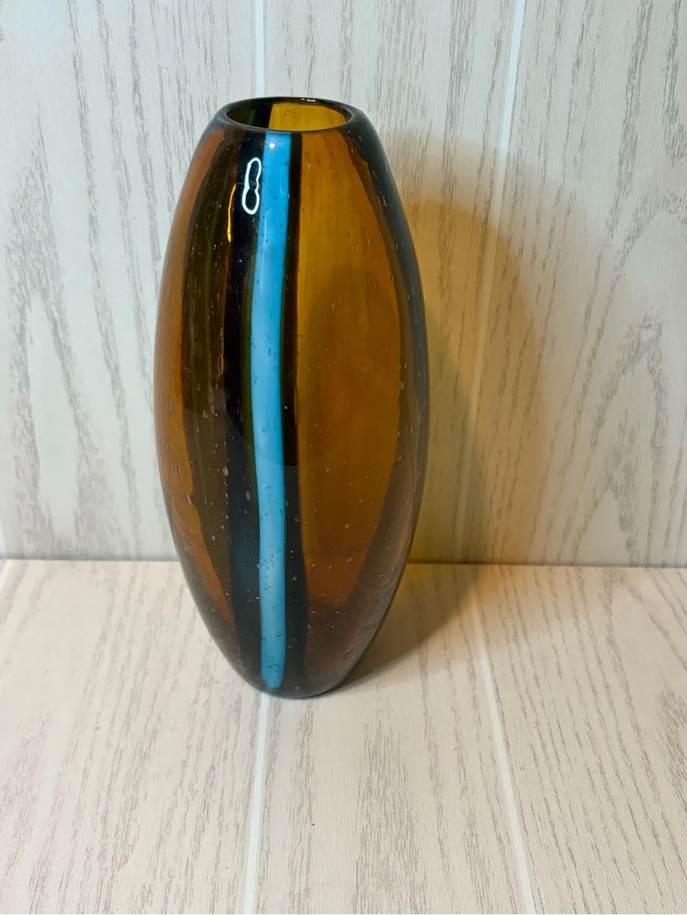 Pier 1 Amber Glass Vase with Blue Stripe Bubble Glass